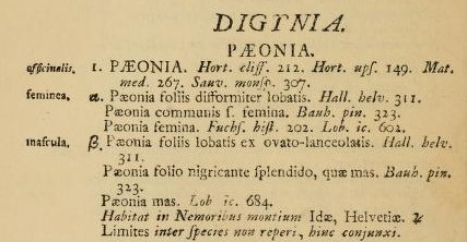 Excerpt of Species Plantarum in 1753 where Linnaeus listed Paeonia officinalis